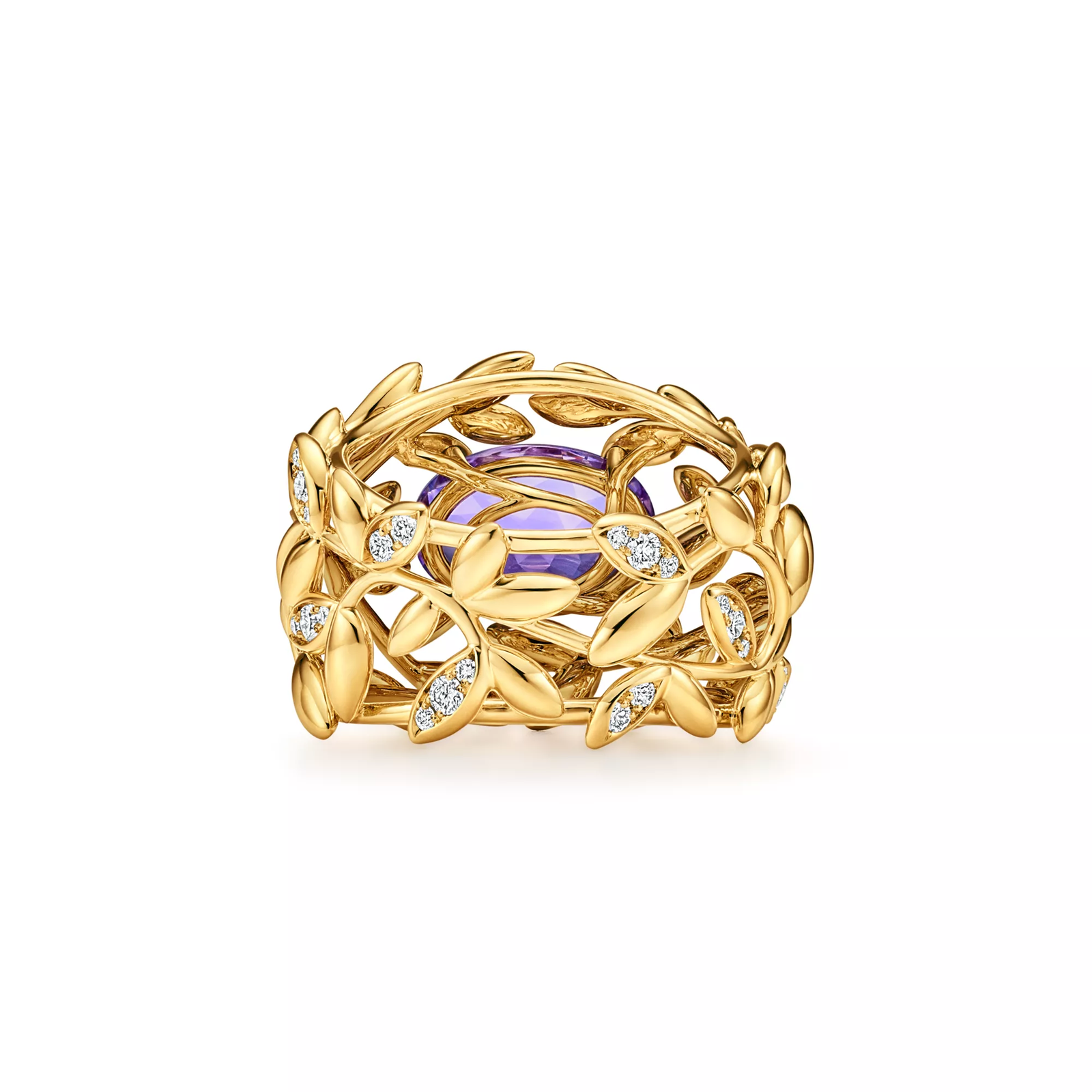 Olive Leaf Amethyst Ring in Yellow Gold with Diamonds