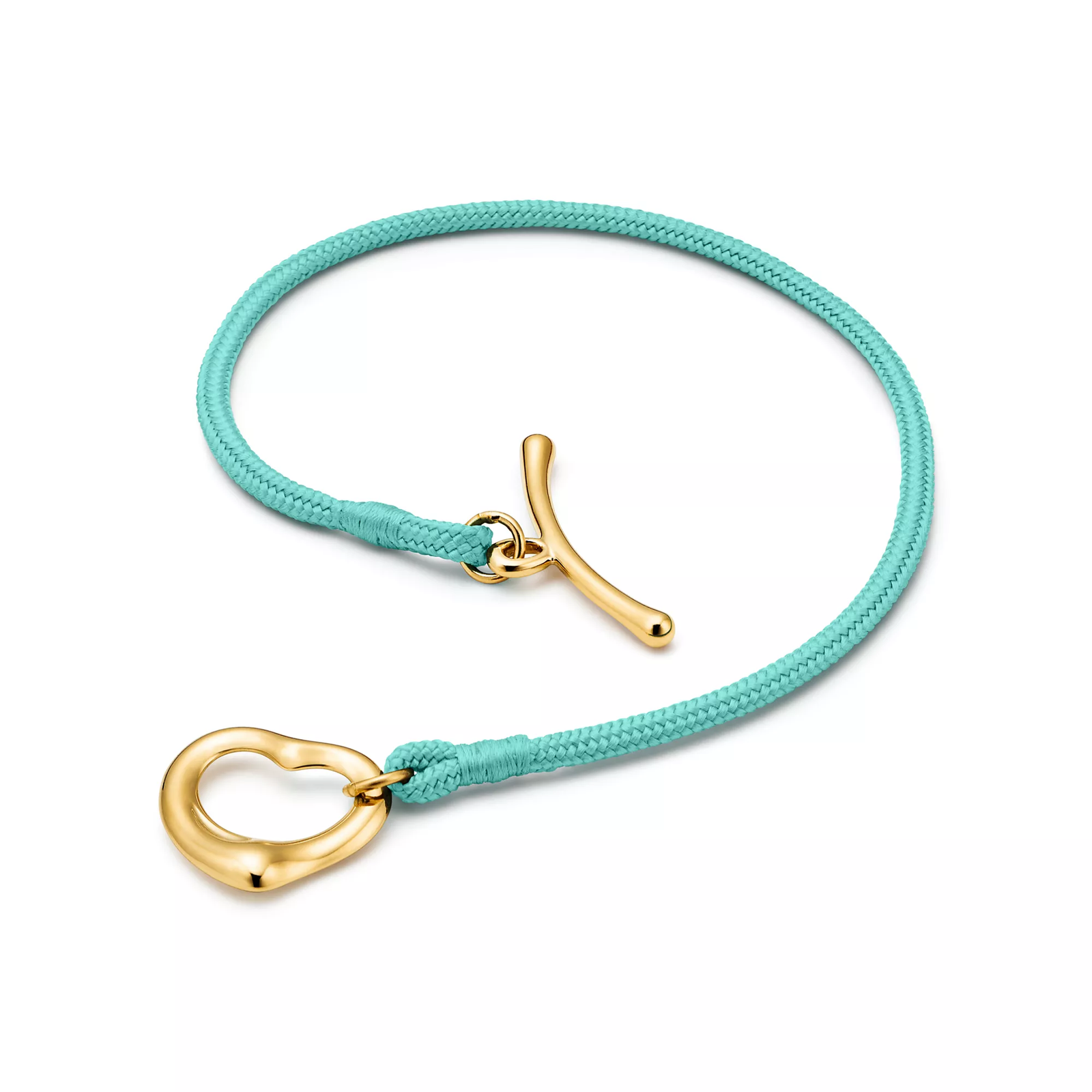Open Heart Bracelet in Yellow Gold on a Tiffany Blue Silk Cord