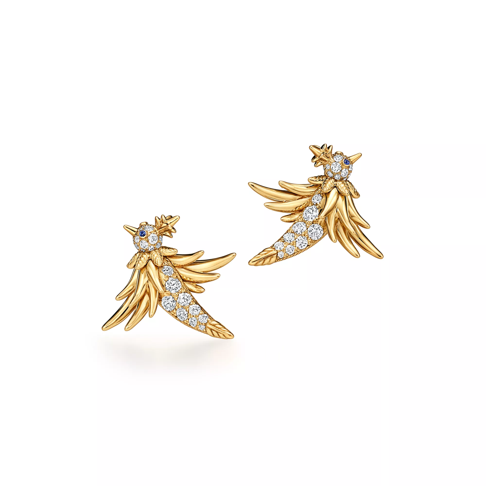 Bird Earrings in Gold with Pave Diamonds & Sapphires