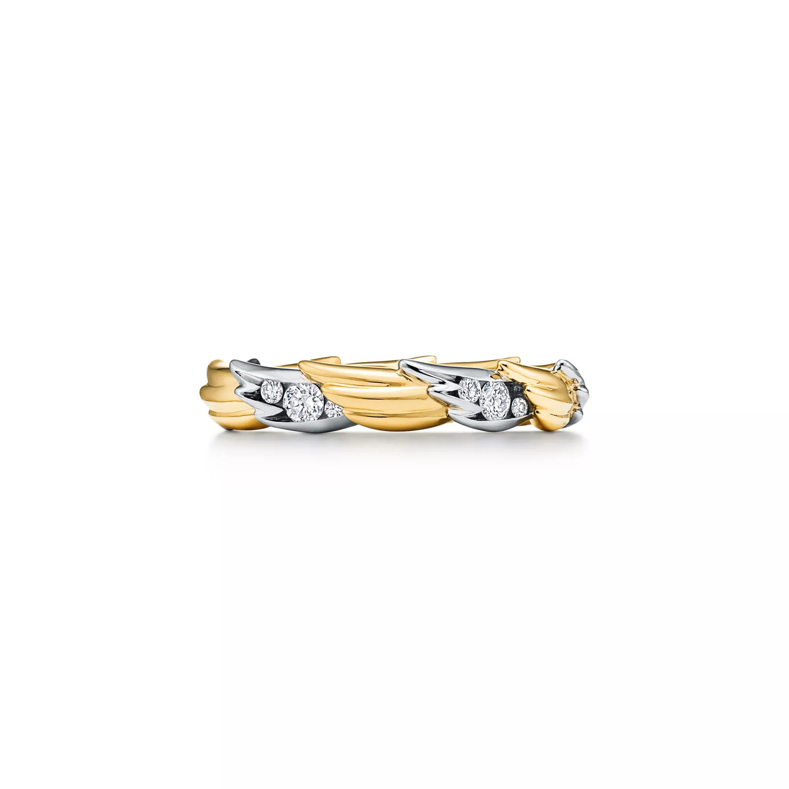 Wings Band Ring in Gold & Platinum with Pave Diamonds